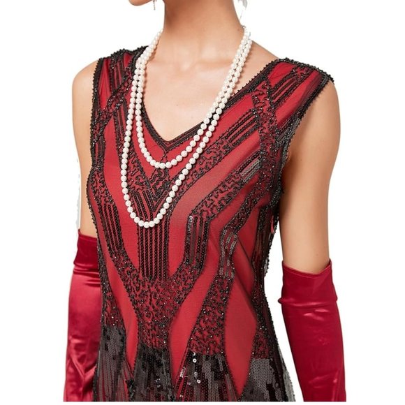 Red & Black Sequin & Beaded 1920s Flapper Gatsby Cocktail Dress L 10-12 - Picture 5 of 5